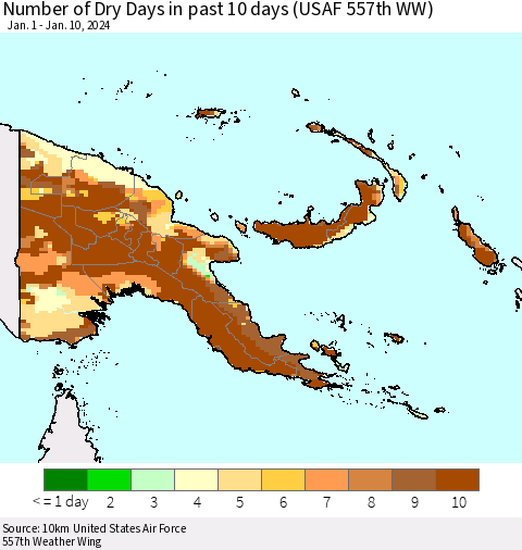 Papua New Guinea Number of Dry Days in past 10 days (USAF 557th WW) Thematic Map For 1/6/2024 - 1/10/2024