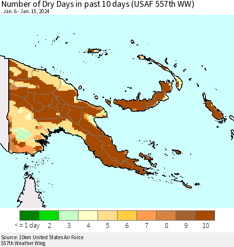 Papua New Guinea Number of Dry Days in past 10 days (USAF 557th WW) Thematic Map For 1/11/2024 - 1/15/2024