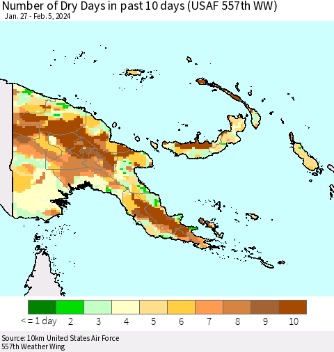 Papua New Guinea Number of Dry Days in past 10 days (USAF 557th WW) Thematic Map For 2/1/2024 - 2/5/2024