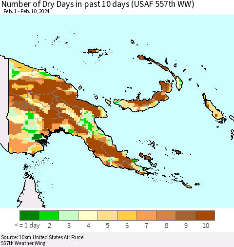 Papua New Guinea Number of Dry Days in past 10 days (USAF 557th WW) Thematic Map For 2/6/2024 - 2/10/2024