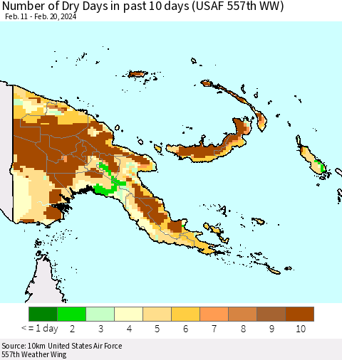 Papua New Guinea Number of Dry Days in past 10 days (USAF 557th WW) Thematic Map For 2/16/2024 - 2/20/2024