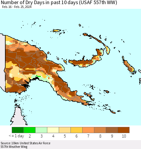 Papua New Guinea Number of Dry Days in past 10 days (USAF 557th WW) Thematic Map For 2/21/2024 - 2/25/2024