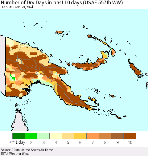 Papua New Guinea Number of Dry Days in past 10 days (USAF 557th WW) Thematic Map For 2/26/2024 - 2/29/2024
