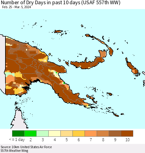 Papua New Guinea Number of Dry Days in past 10 days (USAF 557th WW) Thematic Map For 3/1/2024 - 3/5/2024
