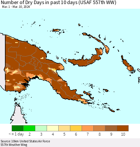 Papua New Guinea Number of Dry Days in past 10 days (USAF 557th WW) Thematic Map For 3/6/2024 - 3/10/2024