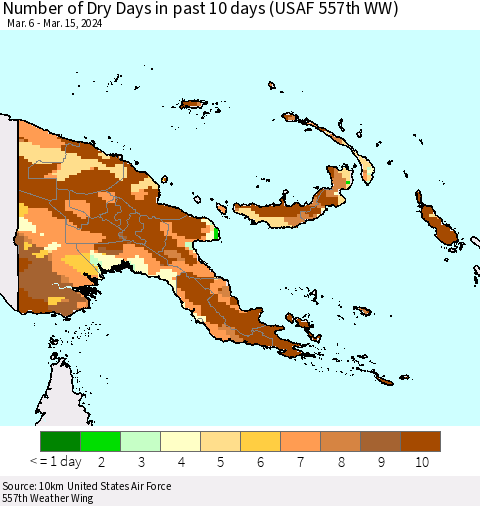 Papua New Guinea Number of Dry Days in past 10 days (USAF 557th WW) Thematic Map For 3/11/2024 - 3/15/2024