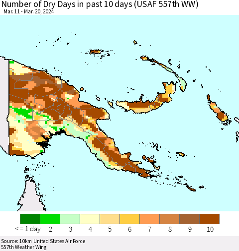 Papua New Guinea Number of Dry Days in past 10 days (USAF 557th WW) Thematic Map For 3/16/2024 - 3/20/2024