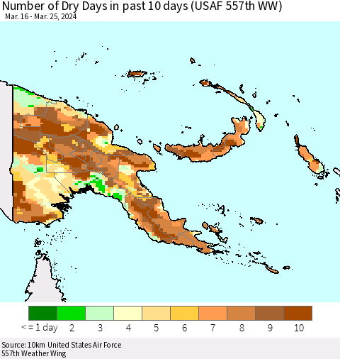 Papua New Guinea Number of Dry Days in past 10 days (USAF 557th WW) Thematic Map For 3/21/2024 - 3/25/2024