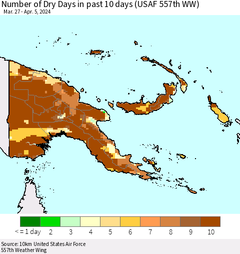 Papua New Guinea Number of Dry Days in past 10 days (USAF 557th WW) Thematic Map For 4/1/2024 - 4/5/2024
