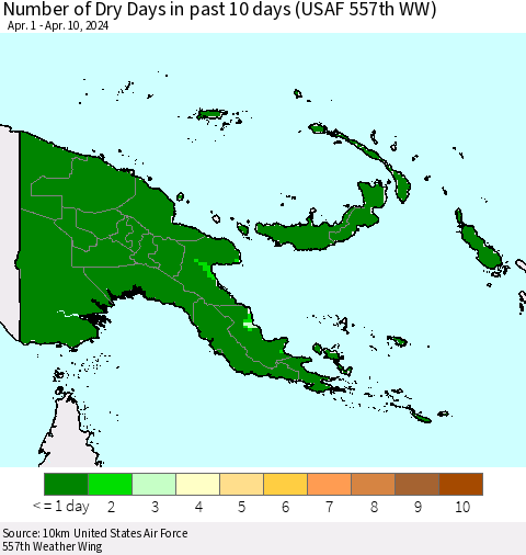 Papua New Guinea Number of Dry Days in past 10 days (USAF 557th WW) Thematic Map For 4/6/2024 - 4/10/2024