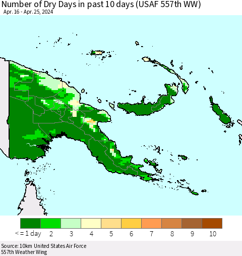 Papua New Guinea Number of Dry Days in past 10 days (USAF 557th WW) Thematic Map For 4/21/2024 - 4/25/2024