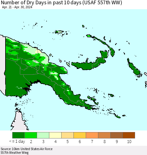 Papua New Guinea Number of Dry Days in past 10 days (USAF 557th WW) Thematic Map For 4/26/2024 - 4/30/2024