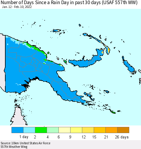 Papua New Guinea Number of Days Since a Rain Day in past 30 days (USAF 557th WW) Thematic Map For 2/6/2022 - 2/10/2022