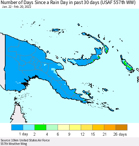 Papua New Guinea Number of Days Since a Rain Day in past 30 days (USAF 557th WW) Thematic Map For 2/16/2022 - 2/20/2022
