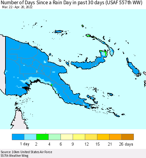 Papua New Guinea Number of Days Since a Rain Day in past 30 days (USAF 557th WW) Thematic Map For 4/16/2022 - 4/20/2022