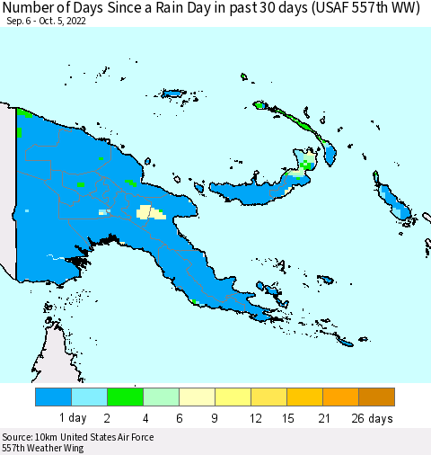 Papua New Guinea Number of Days Since a Rain Day in past 30 days (USAF 557th WW) Thematic Map For 10/1/2022 - 10/5/2022