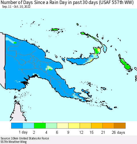 Papua New Guinea Number of Days Since a Rain Day in past 30 days (USAF 557th WW) Thematic Map For 10/6/2022 - 10/10/2022