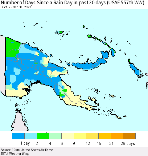 Papua New Guinea Number of Days Since a Rain Day in past 30 days (USAF 557th WW) Thematic Map For 10/26/2022 - 10/31/2022