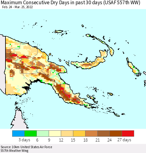 Papua New Guinea Maximum Consecutive Dry Days in past 30 days (USAF 557th WW) 03/25/2022 Thematic Map For 3/21/2022 - 3/25/2022