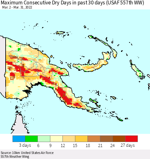 Papua New Guinea Maximum Consecutive Dry Days in past 30 days (USAF 557th WW) 03/31/2022 Thematic Map For 3/26/2022 - 3/31/2022