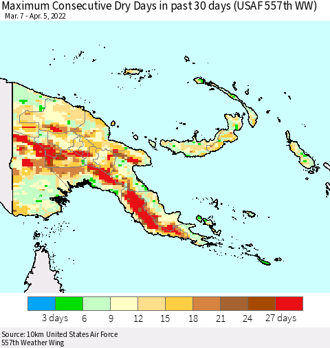 Papua New Guinea Maximum Consecutive Dry Days in past 30 days (USAF 557th WW) 04/05/2022 Thematic Map For 4/1/2022 - 4/5/2022