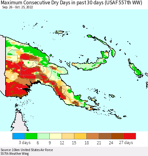Papua New Guinea Maximum Consecutive Dry Days in past 30 days (USAF 557th WW) 10/25/2022 Thematic Map For 10/21/2022 - 10/25/2022