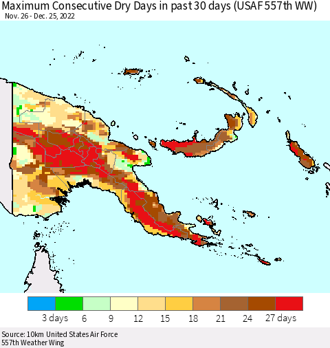 Papua New Guinea Maximum Consecutive Dry Days in past 30 days (USAF 557th WW) 12/25/2022 Thematic Map For 12/21/2022 - 12/25/2022
