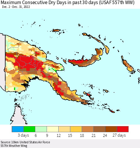 Papua New Guinea Maximum Consecutive Dry Days in past 30 days (USAF 557th WW) 12/31/2022 Thematic Map For 12/26/2022 - 12/31/2022