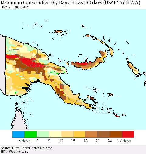 Papua New Guinea Maximum Consecutive Dry Days in past 30 days (USAF 557th WW) 01/05/2023 Thematic Map For 1/1/2023 - 1/5/2023