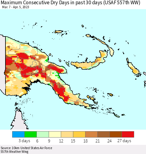 Papua New Guinea Maximum Consecutive Dry Days in past 30 days (USAF 557th WW) 04/05/2023 Thematic Map For 4/1/2023 - 4/5/2023