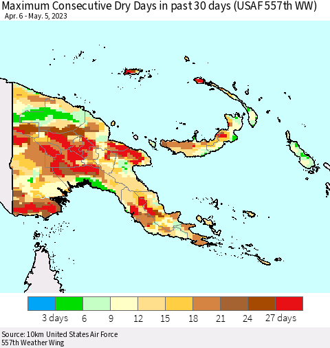 Papua New Guinea Maximum Consecutive Dry Days in past 30 days (USAF 557th WW) 05/05/2023 Thematic Map For 5/1/2023 - 5/5/2023