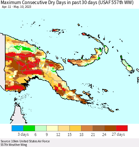 Papua New Guinea Maximum Consecutive Dry Days in past 30 days (USAF 557th WW) 05/10/2023 Thematic Map For 5/6/2023 - 5/10/2023