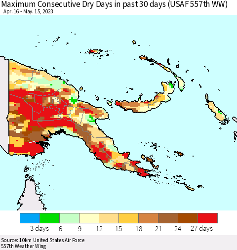 Papua New Guinea Maximum Consecutive Dry Days in past 30 days (USAF 557th WW) 05/15/2023 Thematic Map For 5/11/2023 - 5/15/2023