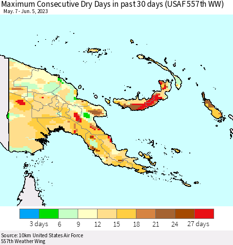 Papua New Guinea Maximum Consecutive Dry Days in past 30 days (USAF 557th WW) 06/05/2023 Thematic Map For 6/1/2023 - 6/5/2023