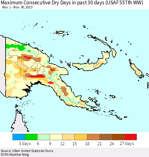 Papua New Guinea Maximum Consecutive Dry Days in past 30 days (USAF 557th WW) 11/30/2023 Thematic Map For 11/26/2023 - 11/30/2023