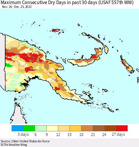 Papua New Guinea Maximum Consecutive Dry Days in past 30 days (USAF 557th WW) 12/25/2023 Thematic Map For 12/21/2023 - 12/25/2023