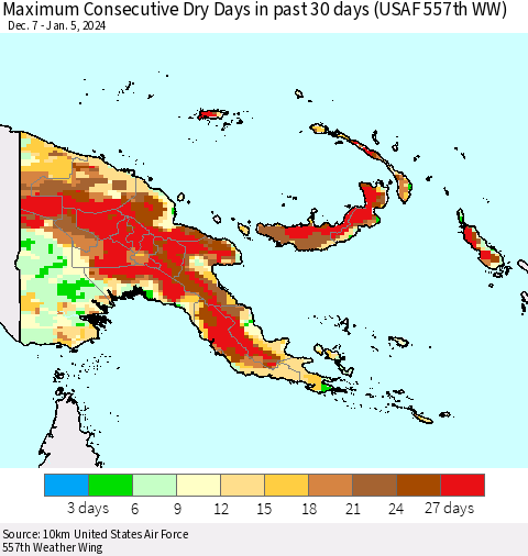 Papua New Guinea Maximum Consecutive Dry Days in past 30 days (USAF 557th WW) 01/05/2024 Thematic Map For 1/1/2024 - 1/5/2024
