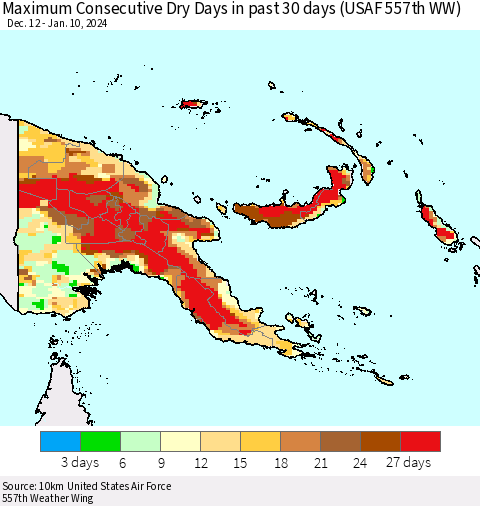 Papua New Guinea Maximum Consecutive Dry Days in past 30 days (USAF 557th WW) 01/10/2024 Thematic Map For 1/6/2024 - 1/10/2024