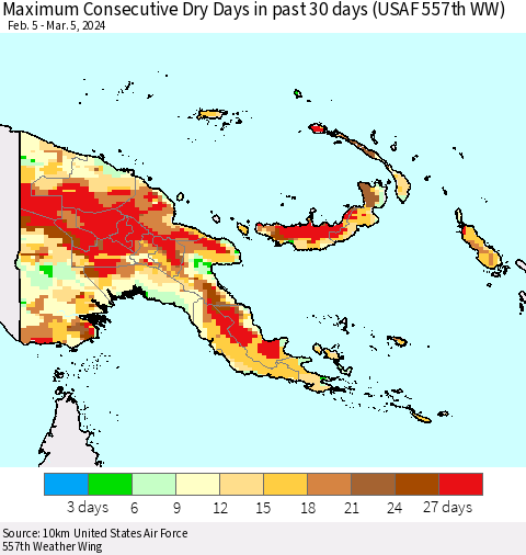 Papua New Guinea Maximum Consecutive Dry Days in past 30 days (USAF 557th WW) 03/05/2024 Thematic Map For 3/1/2024 - 3/5/2024