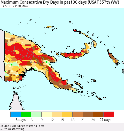 Papua New Guinea Maximum Consecutive Dry Days in past 30 days (USAF 557th WW) 03/10/2024 Thematic Map For 3/6/2024 - 3/10/2024