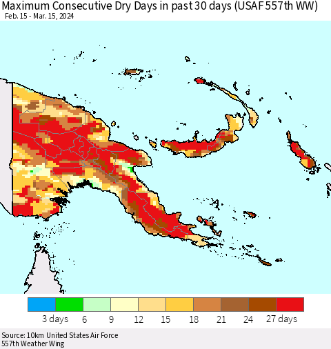 Papua New Guinea Maximum Consecutive Dry Days in past 30 days (USAF 557th WW) 03/15/2024 Thematic Map For 3/11/2024 - 3/15/2024