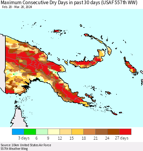 Papua New Guinea Maximum Consecutive Dry Days in past 30 days (USAF 557th WW) 03/20/2024 Thematic Map For 3/16/2024 - 3/20/2024