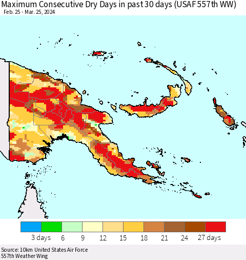 Papua New Guinea Maximum Consecutive Dry Days in past 30 days (USAF 557th WW) 03/25/2024 Thematic Map For 3/21/2024 - 3/25/2024