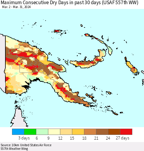 Papua New Guinea Maximum Consecutive Dry Days in past 30 days (USAF 557th WW) 03/31/2024 Thematic Map For 3/26/2024 - 3/31/2024