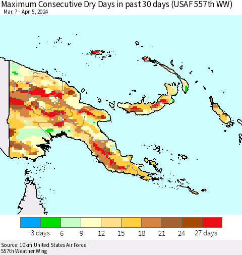 Papua New Guinea Maximum Consecutive Dry Days in past 30 days (USAF 557th WW) 04/05/2024 Thematic Map For 4/1/2024 - 4/5/2024
