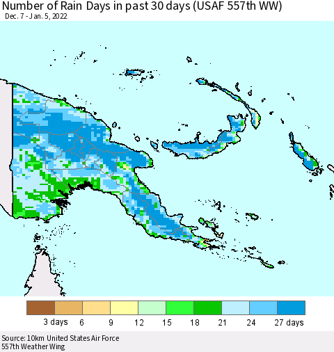 Papua New Guinea Number of Rain Days in past 30 days (USAF 557th WW) 01/05/2022 Thematic Map For 1/1/2022 - 1/5/2022