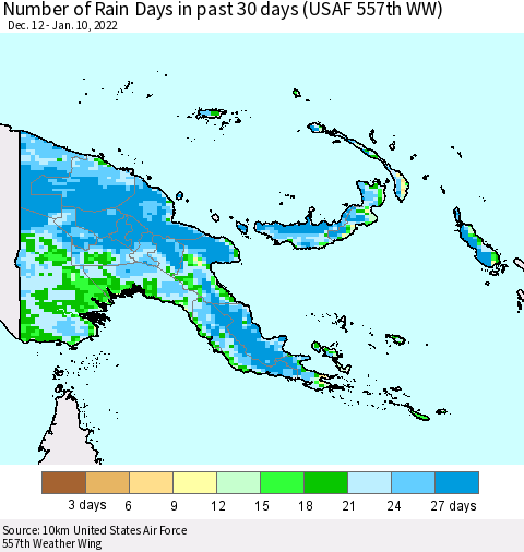 Papua New Guinea Number of Rain Days in past 30 days (USAF 557th WW) 01/10/2022 Thematic Map For 1/6/2022 - 1/10/2022