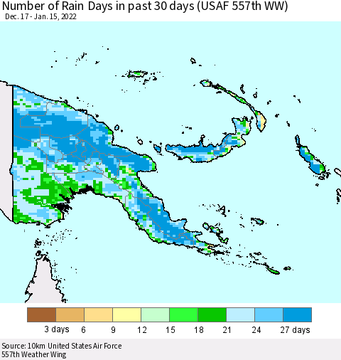Papua New Guinea Number of Rain Days in past 30 days (USAF 557th WW) 01/15/2022 Thematic Map For 1/11/2022 - 1/15/2022