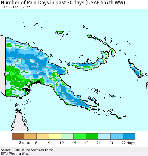 Papua New Guinea Number of Rain Days in past 30 days (USAF 557th WW) 02/05/2022 Thematic Map For 2/1/2022 - 2/5/2022
