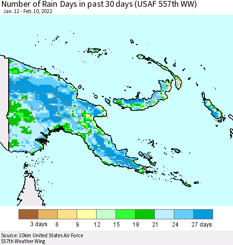 Papua New Guinea Number of Rain Days in past 30 days (USAF 557th WW) 02/10/2022 Thematic Map For 2/6/2022 - 2/10/2022